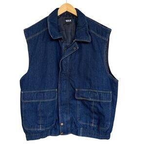 WAN Mens Denim Puffer Vest Large Blue Quilted Lined Zip Front Pockets